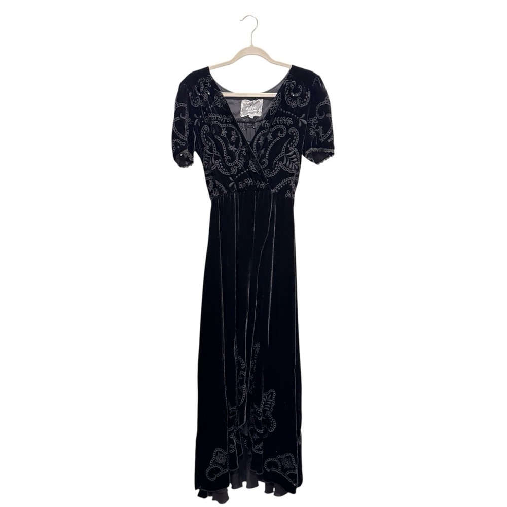 Love Johnny Was Velvet Maxi Dress Silk Embroidered Floral Holiday Party Black XS